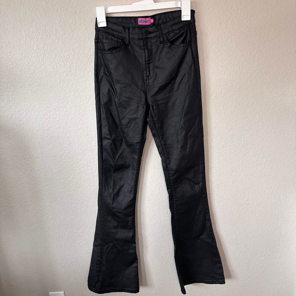 Edikted Black Faux Leather Stretch Flare Pants High Waisted Coated Medium - Picture 2 of 9